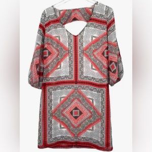 Bisou Bisou Gray White Orange Scarf Print‎ Lightweight Lined Sheath Dress Size 2